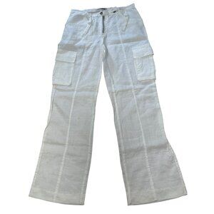 White Linen Cargo Pants Miss Edith Size S Lightweight & Breathable With Pockets